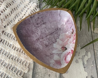 Floral, hand decorated decoupage jewellery trinket dish.