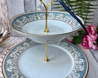 Vintage china gold and blue patterned afternoon tea, 2 tier cake stand, birthday, baby shower, valentine's day, gift, wedding.