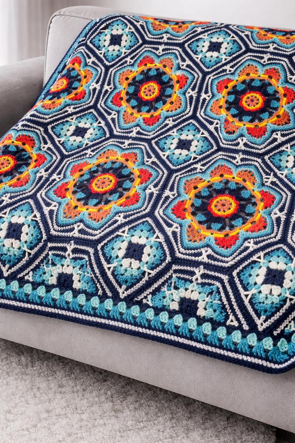 15 Persian Tile Crochet Patterns for Blankets, Pillows, and Colorful Home Decor 11 Eastern Jewels Persian Tile Blanket Made from a Janie Crow Pattern