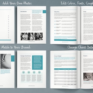 May include: A white and blue business report template with a table of contents, introduction, objectives, scope, project budget, and projects. The template includes images and charts that can be customized with your own photos, colors, fonts, and graphics.