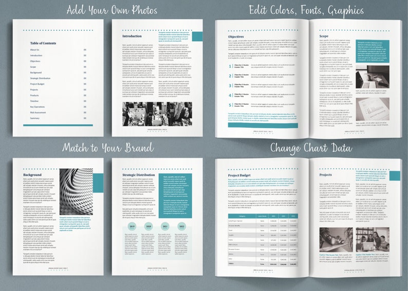 May include: A white and blue business report template with a table of contents, introduction, objectives, scope, project budget, and projects. The template includes images and charts that can be customized with your own photos, colors, fonts, and graphics.