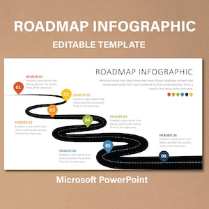 May include: A white infographic template with the text "ROADMAP INFOGRAPHIC" and "EDITABLE TEMPLATE". The design features a black road with numbered markers and text boxes. The text "Microsoft PowerPoint" is at the bottom.