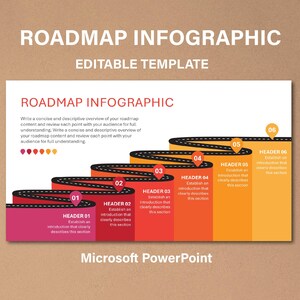 Op de afbeelding: Kleurrijke roadmap infographic sjabloon met de titel "ROADMAP INFOGRAPHIC" in witte en rode tekst. Het ontwerp bevat een reeks stappen met koppen en tekstvakken, en de tekst "Microsoft PowerPoint" onderaan.