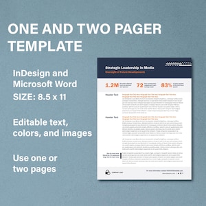 May include: A one-page template for a strategic leadership in media presentation. The template is designed for use in InDesign and Microsoft Word and is 8.5 inches by 11 inches. The template includes editable text, colors, and images. The template includes the text "Strategic Leadership in Media" and "Oversight of Future Developments". The template also includes the numbers "1.2M", "72", and "83%".