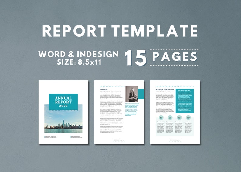May include: A 15-page report template in Word and InDesign format. The template features a modern design with a teal color scheme and a cityscape image on the cover. The text "ANNUAL REPORT 2025" is displayed in a teal box on the cover.