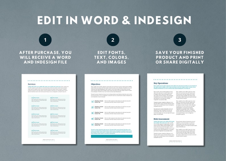 May include: A three-step guide for editing a business plan template. The steps are: 1. After purchase, you will receive a Word and InDesign file. 2. Edit fonts, text, colors, and images. 3. Save your finished product and print or share digitally.