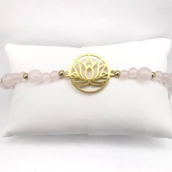 Bracelet bien-être pierre naturelle quartz rose fleur lotus acier inoxydable gold lithothérapie amour peur stress confiance chakra cœur