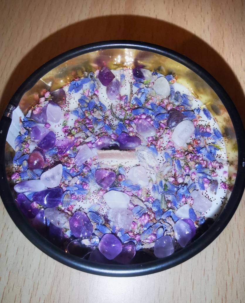 Bougie Rituel Pierres Naturelles Lithothérapie Améthyste Fleurs Séchées Lavande Cire Soja Sans Ogm É