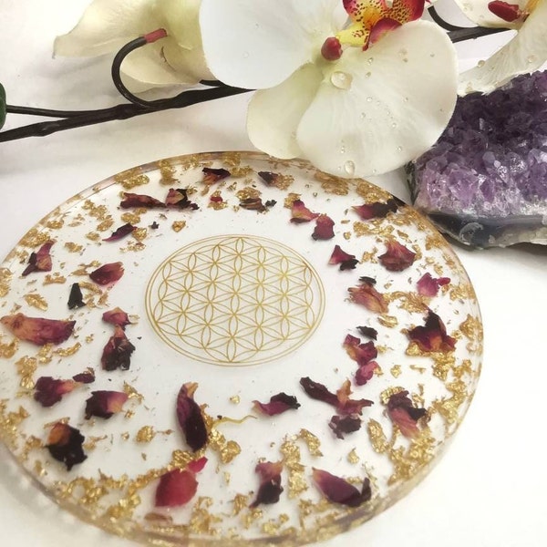 Life tray resin flower of life refill purifies revitalizing pendulum water petal pink gold leaf energetic stress calm soothes soothes