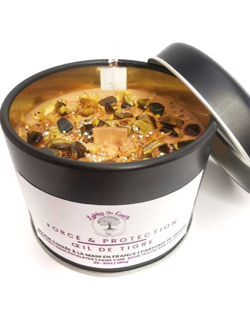 Bougie Rituelle Force et Protection Pierre Naturelle Lithothérapie Œil de Tigre Fleur Séchée Calendu