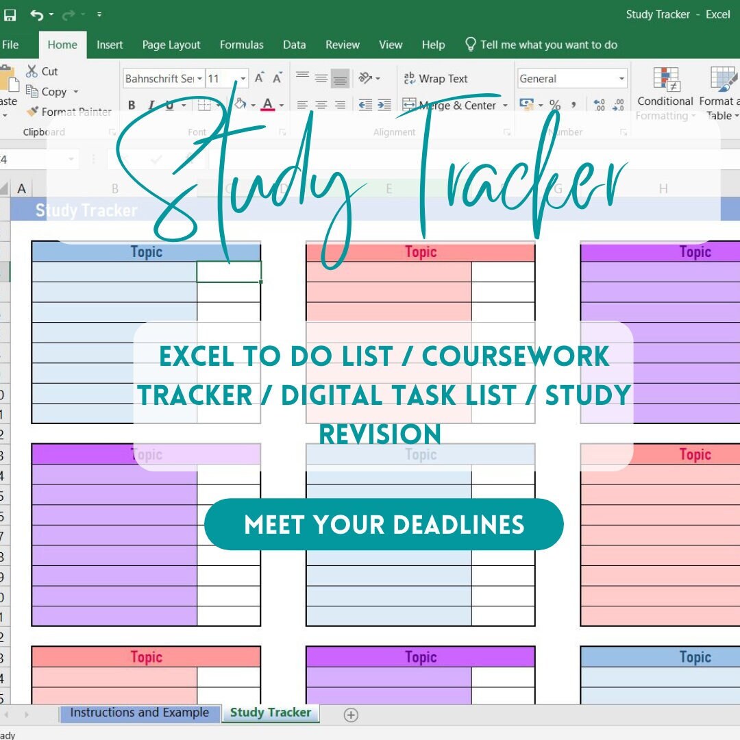 Instant Digital Download Excel Study Task Tracker Organise To-do List ...