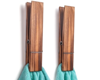 2 Pcs Jumbo Clothespin Bathroom Towel Holder 12 Inch - Hand Towel Holder - Wood Bathroom Wall Decor - Laundry Room Decor - Giant Clothes pin