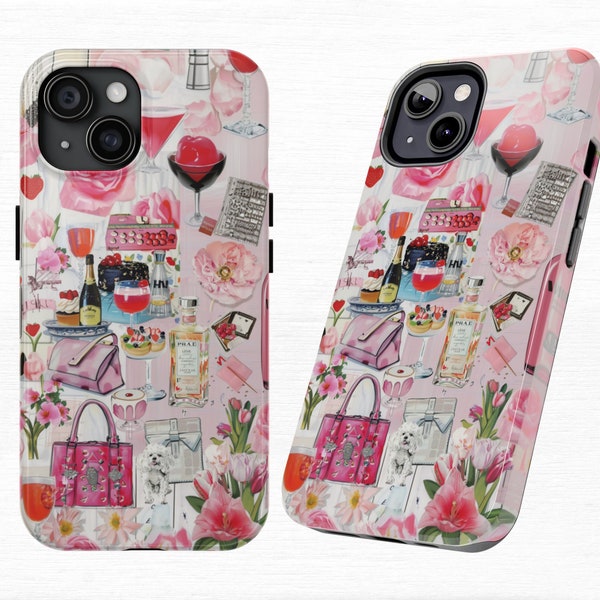 Pink Collage Phone Case | Aesthetic Cute Trendy Coquette Cover | Fashion, Lipstick, Hot Pink Purse, Roses Casing for iPhone 15 14 13 12 11