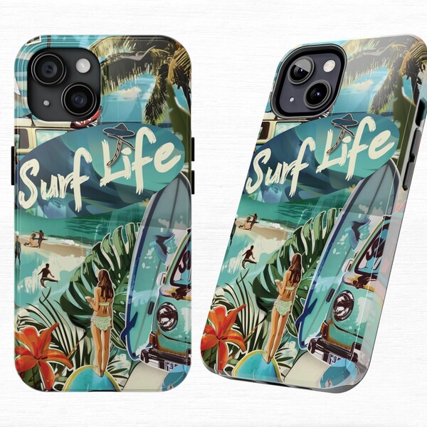 Surf Life Collage Phone Case for iPhone | Ocean Beach Insel Inspired Cover, Vintage Surfer Van Life Casing, iPhone 15 14 13 12 11 Pro Max