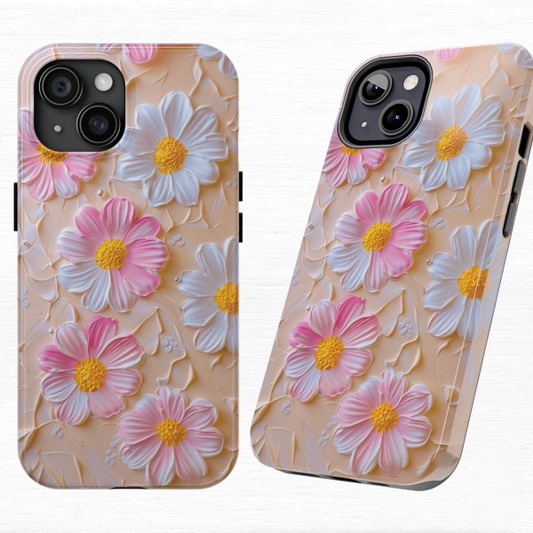 Pink Spring Themed Clay Painting 3D Floral Phone Case | Summer Flowers Phone Cover | Daisies Phone Casing for iPhone 15 14 13 12 11 Pro Max