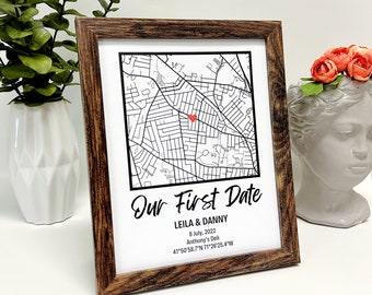 Our First Date Map Poster– Heart Map Poster, Personalized City Map with Frame, Valentines Day