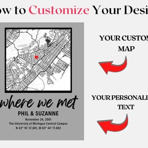 Puede incluir: Una impresi&oacute;n de mapa personalizable con un coraz&oacute;n rojo que marca una ubicaci&oacute;n. El texto debajo dice "where we met" seguido de los nombres "PHIL & SUZANNE", la fecha "November 24, 2001", la ubicaci&oacute;n "The University of Michigan Central Campus" y las coordenadas "N 42&deg; 16' 37.681, W 83&deg; 44' 17.692".