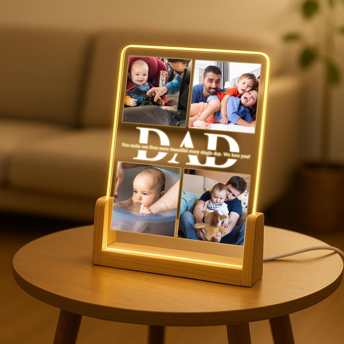 Custom 4 Photo Acrylic Gift for Dad, LED Stand, Personalized Text ...