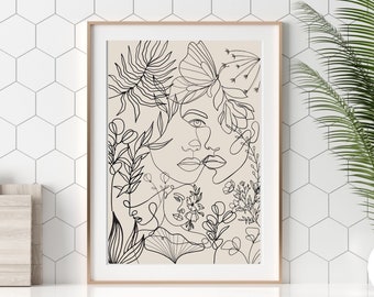 Female Faces Line  Art Wall Print , Abstract Woman Line Drawing Boho wall decor , Modern Wall Line Art Printable