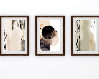Abstract Neutral Black Gold Shapes Set of 3 Wall Art Prints, Minimalist Wall Art Printable Decor, Painting Gallery Wall Art Set
