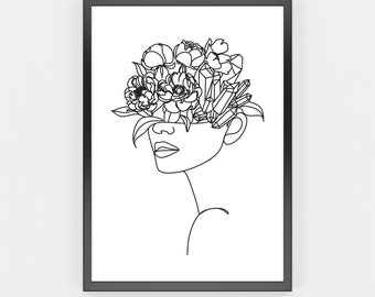 Flowers Face Woman Line Art Print, Minimalist abstract female face art, Female art, One line drawing print, Digital Download print
