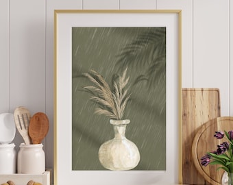 Watercolor  cream vase pampas grass shadows pastel green wall art print, Boho wall decor printable