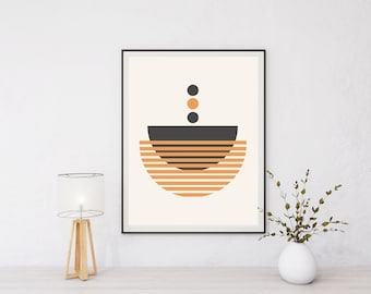 Black and Orange Mid Century Modern Art, Geometric abstract shapes wall art, Digital download print