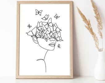 Woman Face with Butterfly Line Art Print , Female Line Art Drawing, Minimalist Decor Female Wall Art, Digital Download print