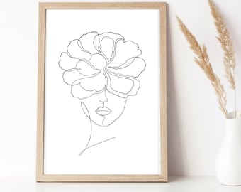 Woman Face Flower Line Art Drawing, Female Head Floral Line Drawing, Minimalist Wall Decor, Digital Download Print