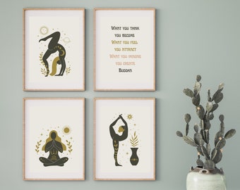 Gallery Set of 4 Yoga Wall Art prints, Yoga poses poster, Meditation , Buddha Quote print, Boho Yoga wall art