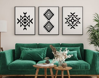 Aztec Wall Art Set of 3 prints Minimalist Artwork, Black and White print , Printable Art, Mexican, Tribal, Aztec Poster, Geometric print