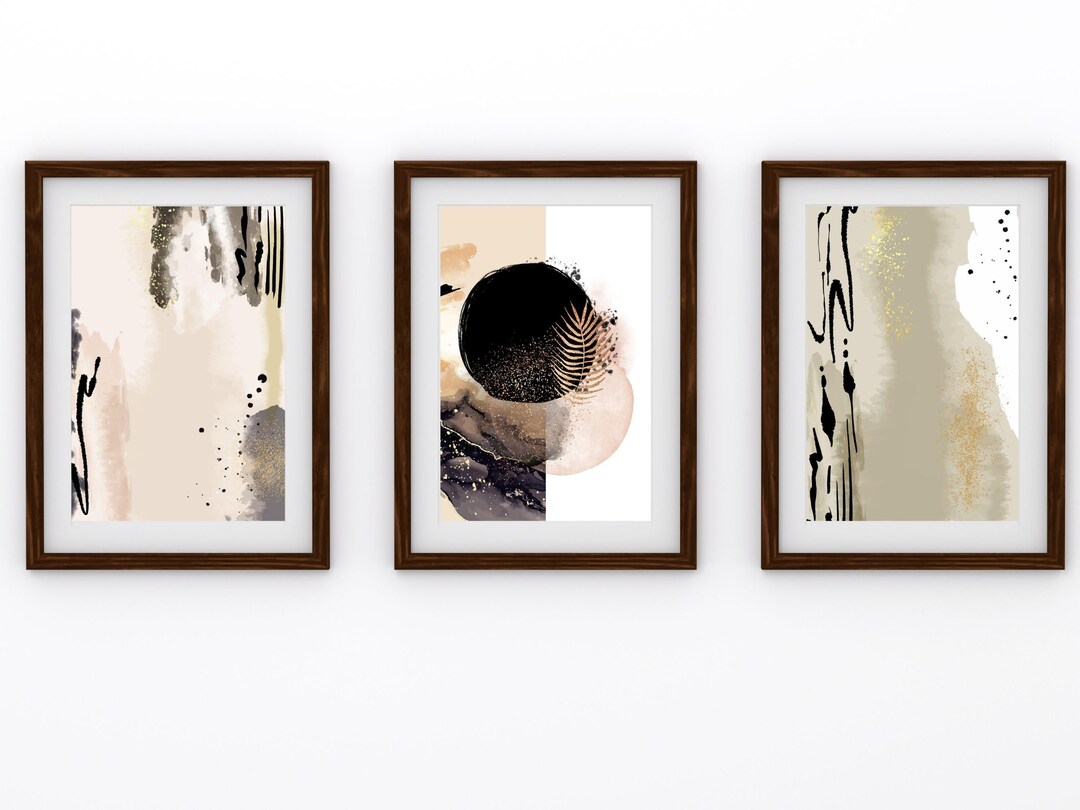 Abstract Neutral Black Gold Shapes Set of 3 Wall Art Prints, Minimalist ...