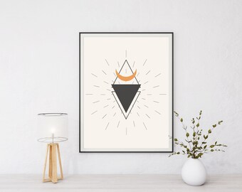 Black and Orange Geometric Celestial wall art, Abstract minimalist moon wall decor, Digital download print