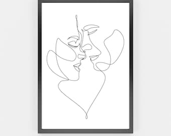 Couple Line Drawing wall art, Faces Fine Line Art Print, Love and Friendship Line Drawing, Digital Download print
