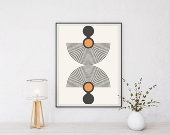 Black and Orange Mid Century Modern Art, Geometric abstract shapes wall art, Digital download print