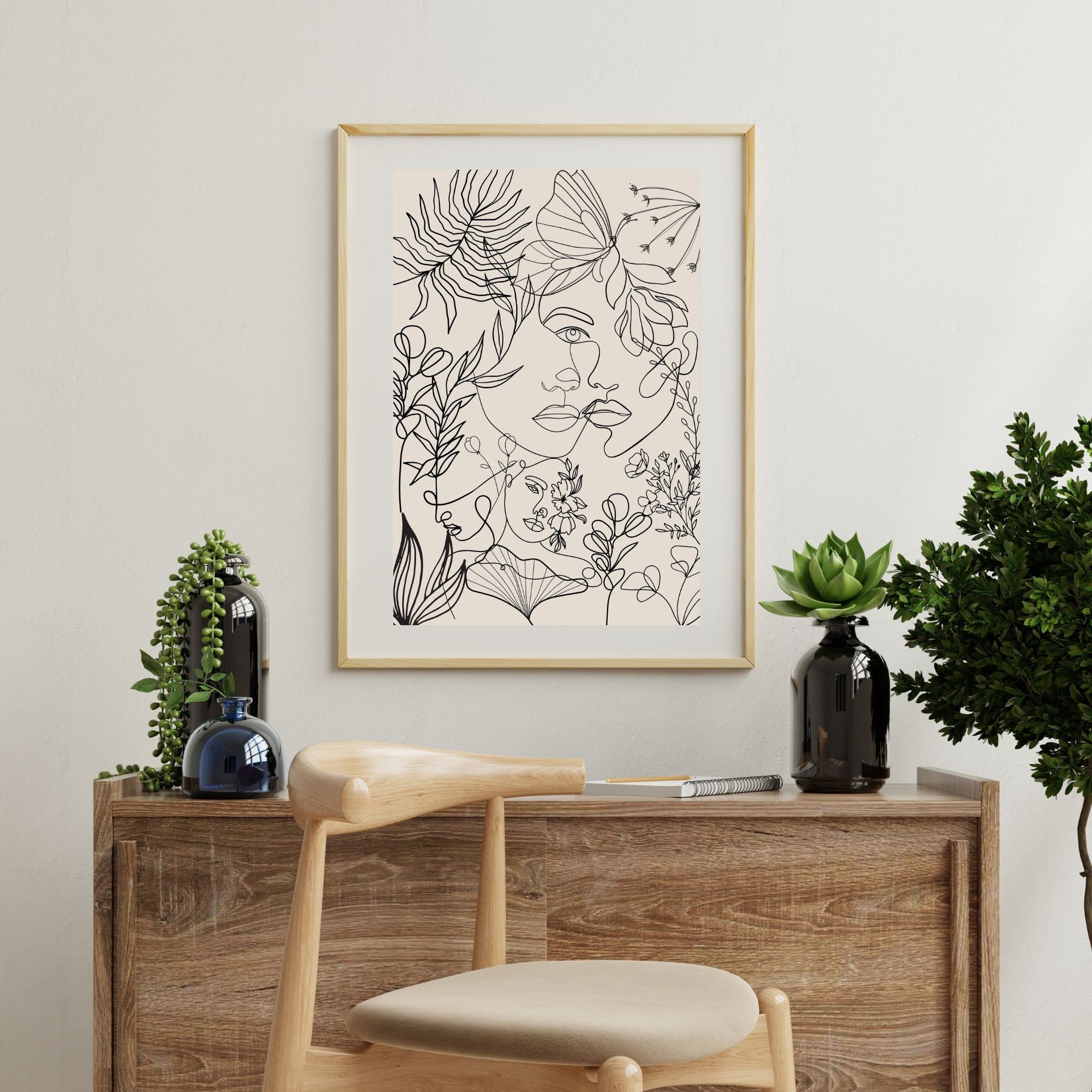 Female Faces Line Art Wall Print , Abstract Woman Line Drawing Boho ...