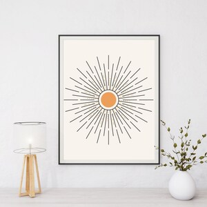 Black and Orange Mid Century Modern Art, Abstract Celestial sun wall art, Digital download print