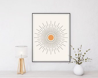 Black and Orange Mid Century Modern Art, Abstract Celestial sun wall art, Digital download print