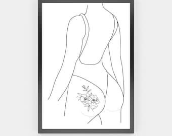 Woman Back Bottom Line Drawing , Female Wall Art, Figure Fine Line Art, Body Positive Line Art, Digital Download