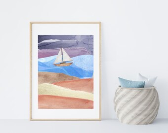 Boho Sailboat Print, Nautical Wall Art, Seaside Beach Art, Coastal  Decor, Abstract Artwork, Beach Decor, Sail watercolor Wall Art