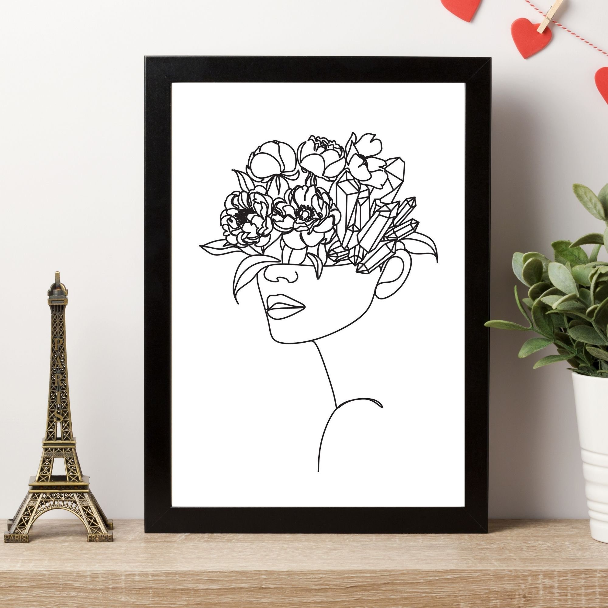 Flowers Face Woman Line Art Print, Minimalist Abstract Female Face Art ...