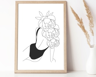 Woman Back with Flowers Line Drawing , Female Line Art body poster, Flower back elegant woman art, Woman back in bathing suit print