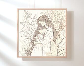 Mom and daughter embrace with plants, illustration, line drawing, neutral colors, digital download, bohemian wall art