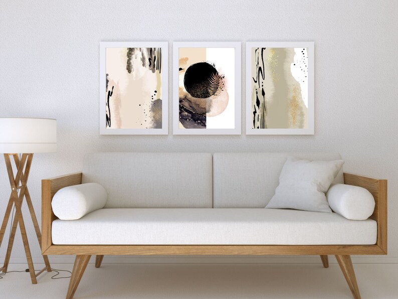 Abstract Neutral Black Gold Shapes Set of 3 Wall Art Prints, Minimalist ...