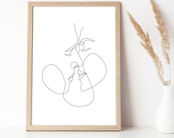 Sensual Kiss Couple Line Art Drawing Print, Minimalist Kiss One Line Wall Art Poster, Face Line Art, Digital Download wall art