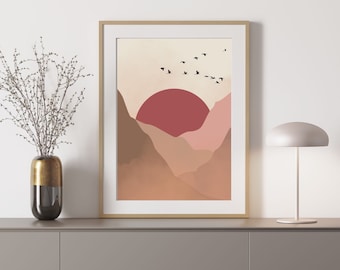 Boho Sunset mountains art, Abstract landscape wall art, Modern wall art print, Canvas printable art