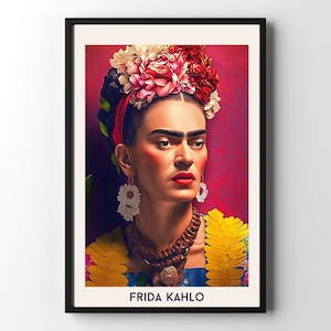 Frida Kahlo Impresión de retrato, Autorretrato de Frida Kahlo, Arte mural feminista, Girl Power, Decoración del hogar boho roja, Patrón floral, Estampado de flores