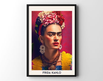 Frida Kahlo Portrait print, Frida Kahlo self portrait, Feminist Wall Art, Girl Power, Red Boho Home Decor, Floral Pattern, Flower print
