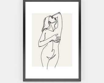 Nude Woman Body Line Art Print, Minimalist Naked Female Body Wall Art, Digital Download Print