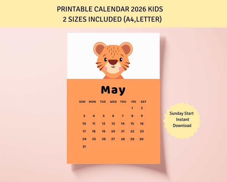 Printable Calendar 2026 Kids, Cute Animal Faces Monthly Calendar ...